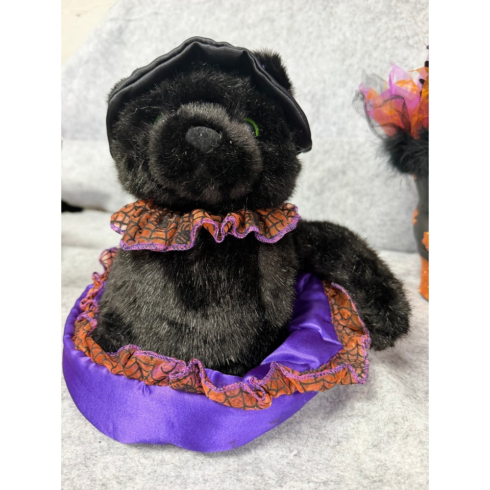 Dan Dee Halloween Black Cat Witch Plush Purple Satin Spiderweb 8 Inch